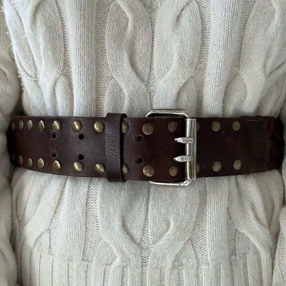 Vintage Womens Brown 100% Leather Studded Wide Hippie Waist Belt Sz M - Picture 1 of 3